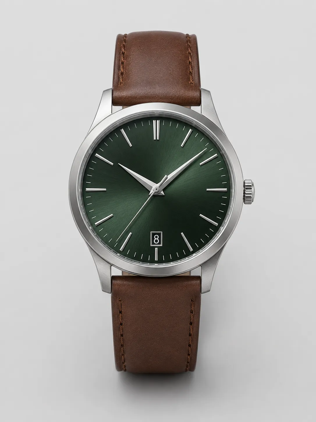 1-01-green-dial-brown-leather-strap-automatic-watch-main-front-view Green Dial Leather Strap Watch with Craft Options - Image 1