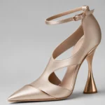Rose Gold Pointed Toe Ankle Strap Heels with Sculptural Heel