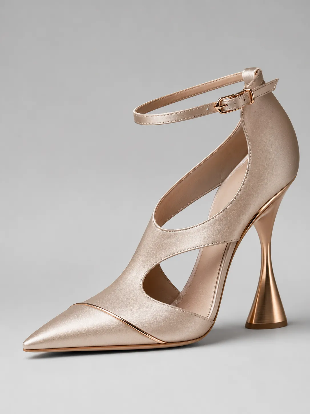1-01-rose-gold-pointed-toe-ankle-strap-heels-main-three-quarter-view Rose Gold Pointed Toe Ankle Strap Heels with Sculptural Heel - Image 1