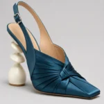 Deep Teal Blue Pleated Pointed Toe Slingback Heels with Sculptural Heel