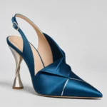 Deep Teal Blue Pointed Toe Slingback Heels with Sculptural Heel