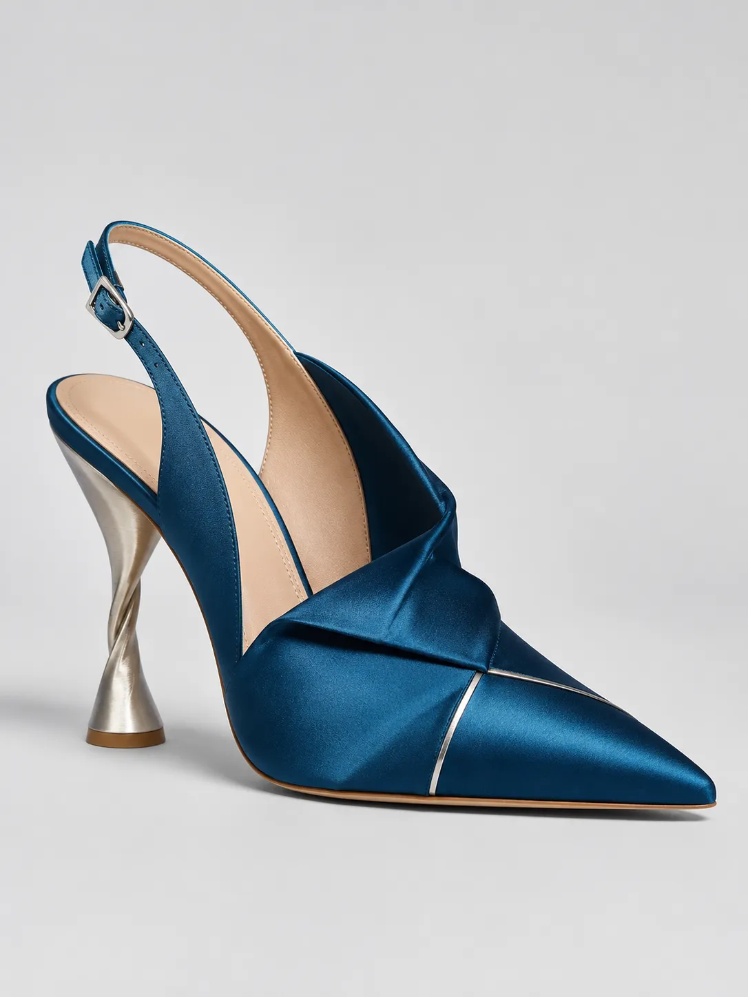 2-01-black-pointed-toe-ankle-strap-stiletto-heels-main-three-quarter-view Deep Teal Blue Pointed Toe Slingback Heels with Sculptural Heel - Image 1