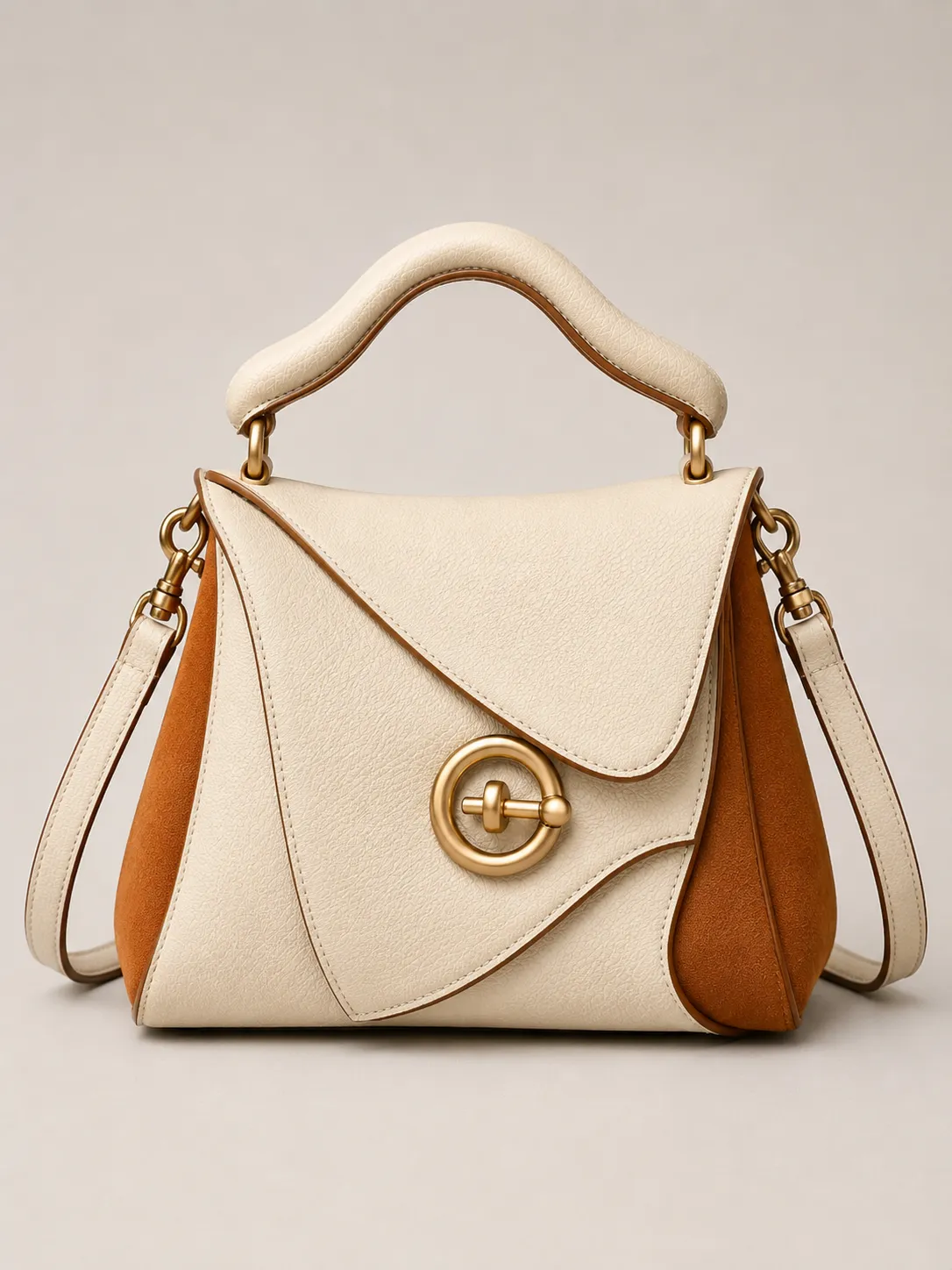 2-02-brown-structured-leather-top-handle-bag-front-view Cream Brown Top Handle Crossbody Satchel Bag with Leather Options - Image 1