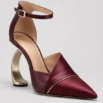 Burgundy Pointed Toe Ankle Strap Heels with Sculptural Heel