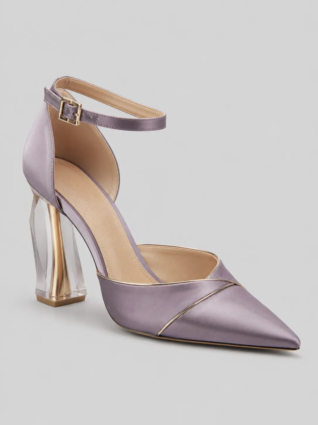 4-01-champagne-satin-bridal-pointed-toe-heels-main-three-quarter-view Mauve Lavender Pointed Toe Ankle Strap Heels with Transparent Sculptural Heel - Image 1