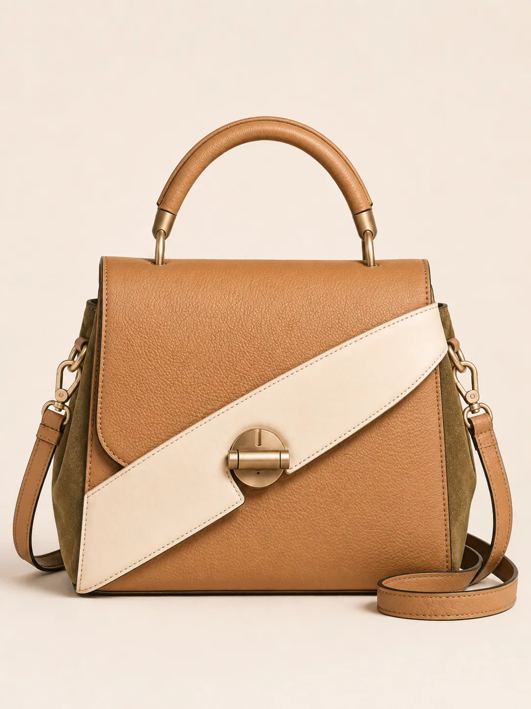 4-02-cream-elegant-crossbody-flap-handbag-front-view Camel Cream Top Handle Crossbody Flap Bag with Leather Options - Image 1