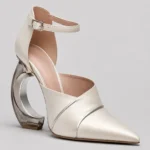 Ivory Pearl Pointed Toe Ankle Strap Heels with Transparent Sculptural Heel