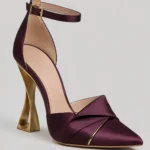 Plum Burgundy Pointed Toe Ankle Strap Heels with Gold Sculptural Heel