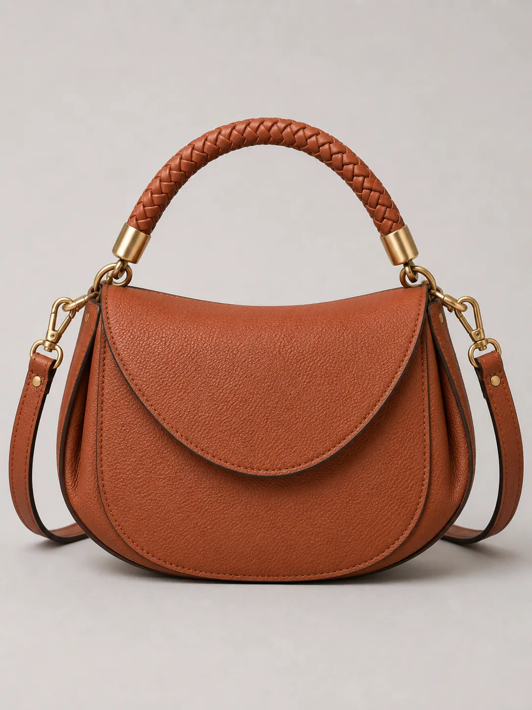 7-02-white-minimalist-top-handle-handbag-front-view Cognac Brown Braided Top Handle Crossbody Saddle Bag with Leather Options - Image 1