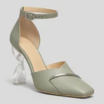 Sage Green Pointed Toe Ankle Strap Heels with Transparent Sculptural Heel